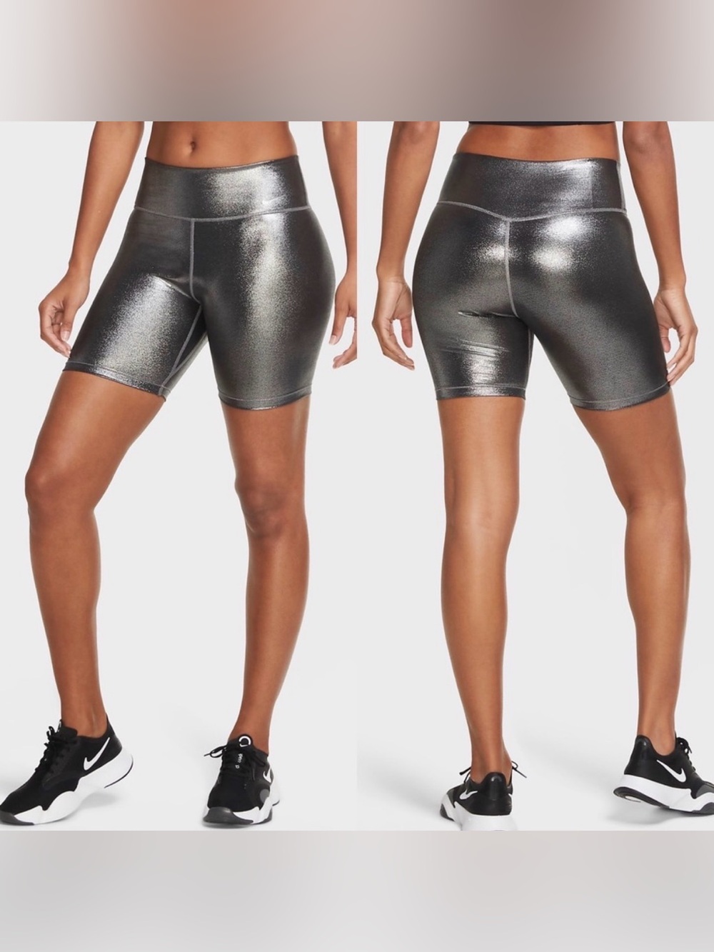 NWT Nike One Icon Clash 7” Bike Shorts in Shimmer Metallic Silver Gray.